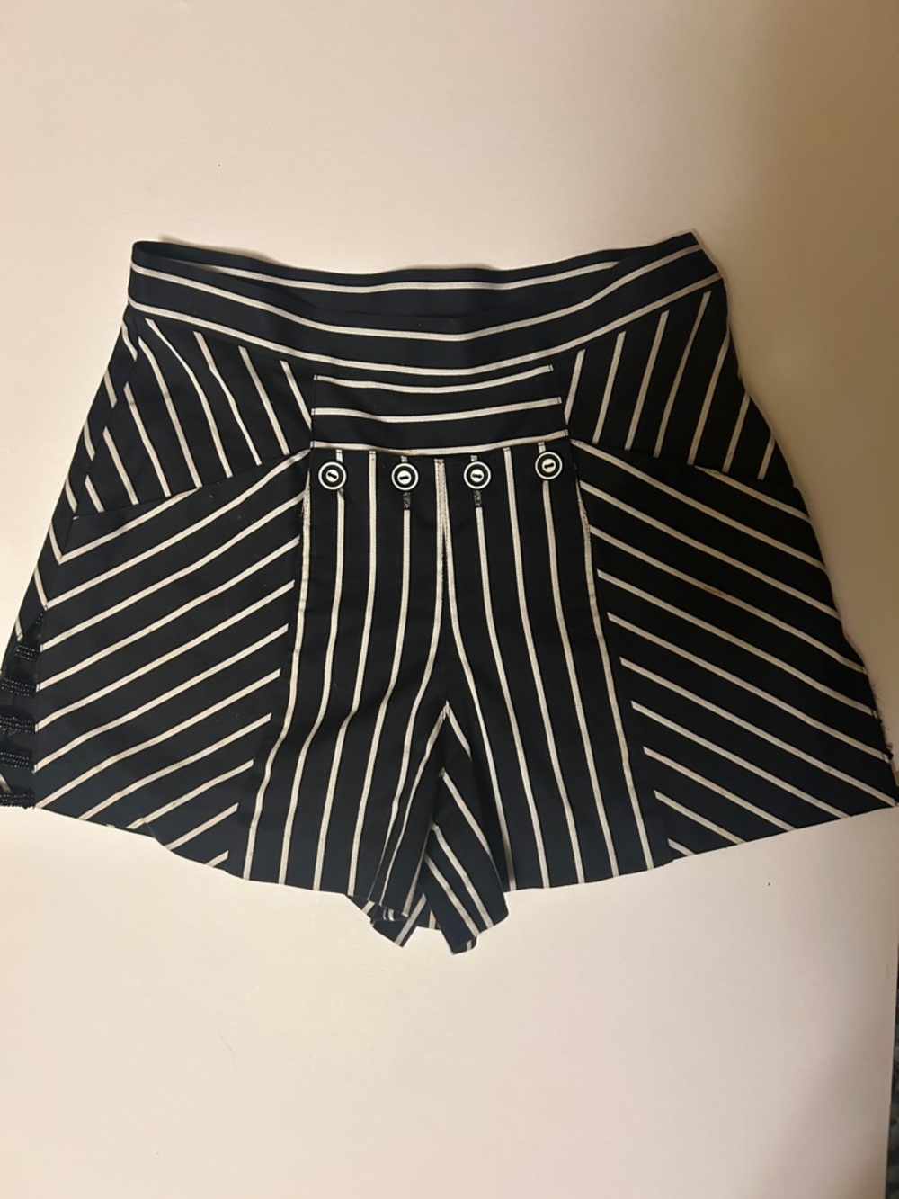 Anna Sui Black and White High-Waist Striped Shorts